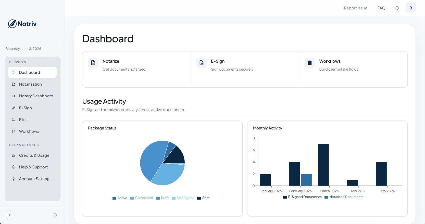 Notriv dashboard showing document workflow management