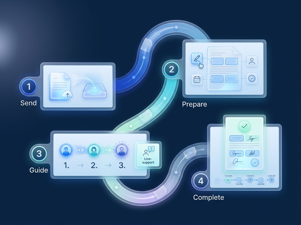 A four-step process showing a document being sent, prepared, guided through participants, and completed