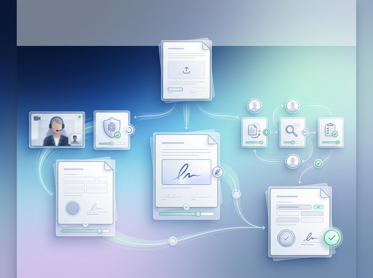A document branching into guided notarization, e-signature, and repeat workflow paths before returning as a completed record